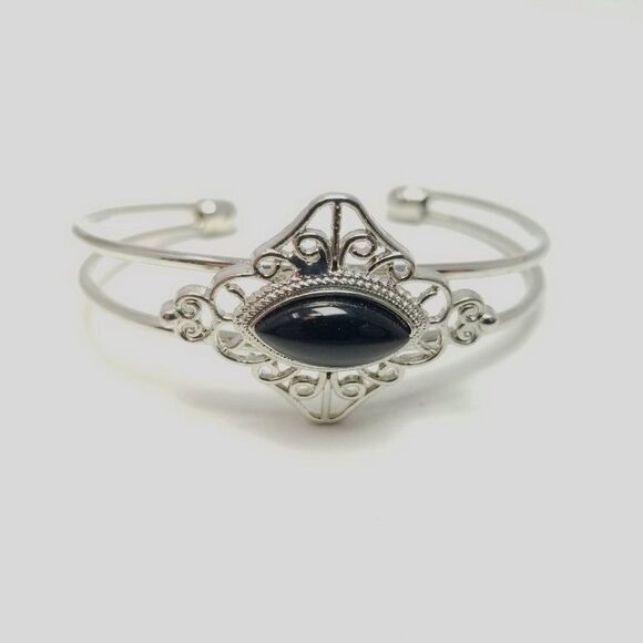 Vintage Black and Silver Tone Cuff Bangle Bracelet, Filigree Design, Cabochon - Picture 1 of 5